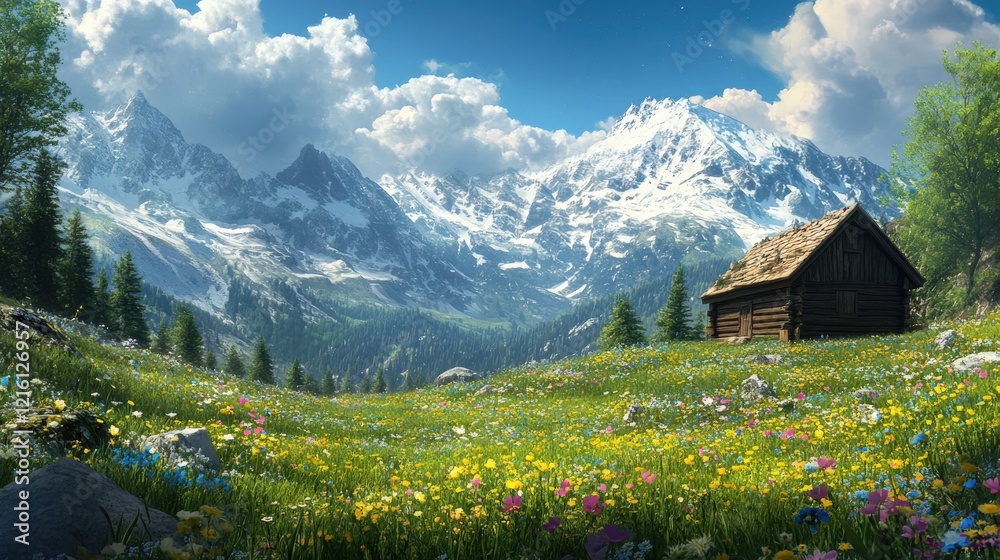 Fototapeta premium Alpine Cabin nestled in a vibrant mountain meadow