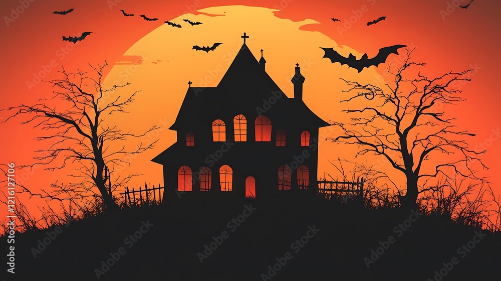 Silhouetted Haunted House with Bat and Full Moon Silhouetted Haunted House with Bat and Full Moon