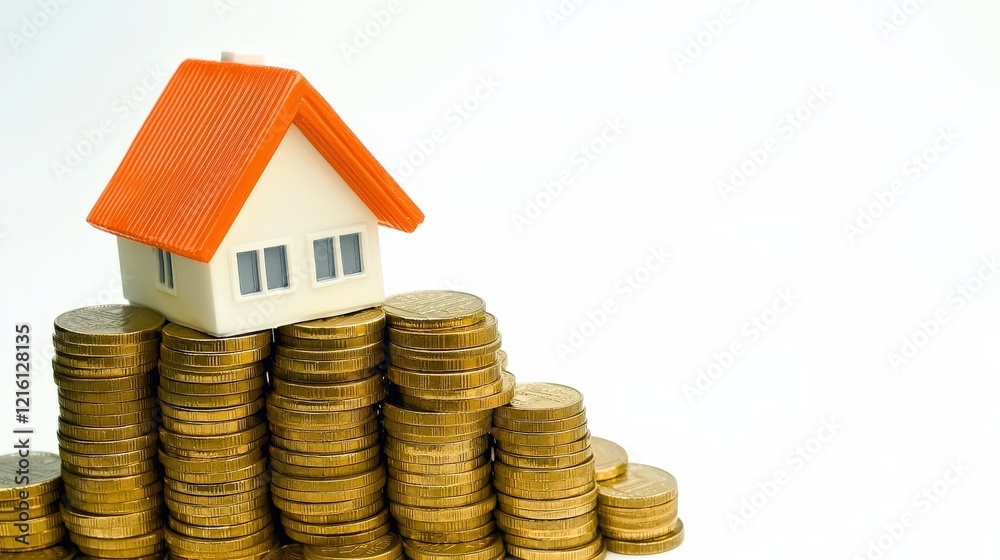 House Model Topped on Stacked Coins in Bright Orange Roof House Model Topped on Stacked Coins in Bright Orange Roof