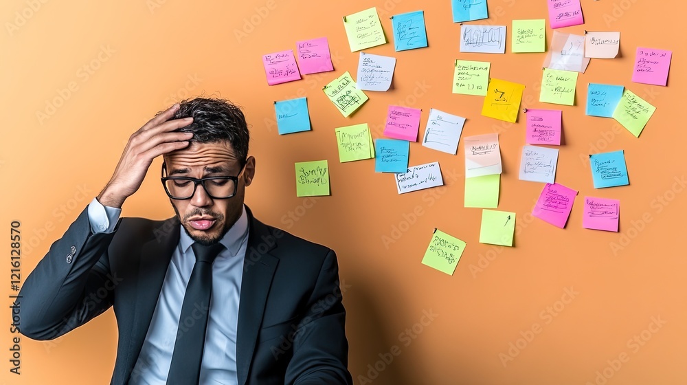 Overwhelmed Businessman: A stressed businessman sits before a wall covered in colorful sticky notes, his hand on his head, conveying the feeling of being overwhelmed by tasks and deadlines. Overwhelmed Businessman: A stressed businessman sits before a wall covered in colorful sticky notes, his hand on his head, conveying the feeling of being overwhelmed by tasks and deadlines.