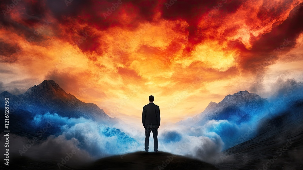 Solitary Figure Amidst Fiery Skies: A lone man stands silhouetted against a breathtaking backdrop of fiery orange and intense blue clouds. Solitary Figure Amidst Fiery Skies: A lone man stands silhouetted against a breathtaking backdrop of fiery orange and intense blue clouds.