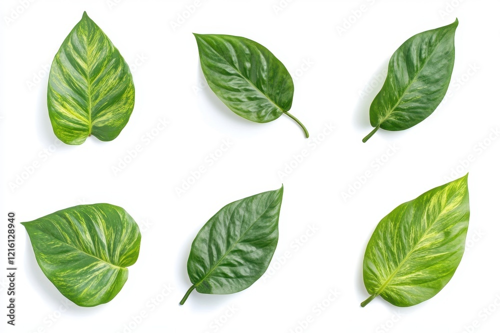 Green leaves flatlay, white background, studio shot, design element Green leaves flatlay, white background, studio shot, design element
