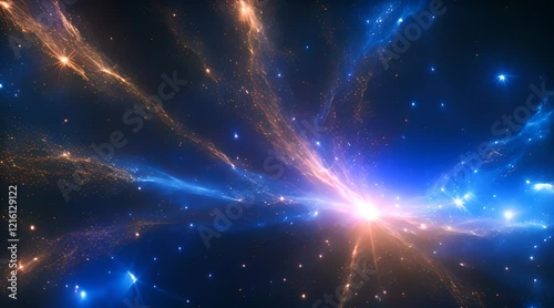 A dazzling abstract blue light explosion expands in the dark space, with swirling tendrils of electric azure and sapphire hues