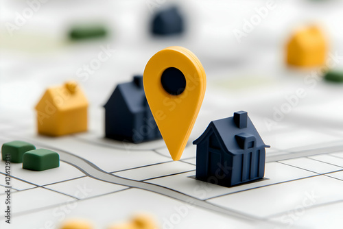 3D Illustration Yellow Location Pin House Map
