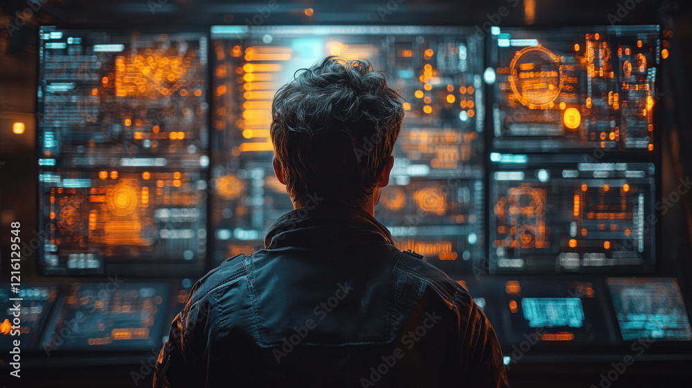 A futuristic hacker visualizing encrypted pathways to bypass high-level security firewalls