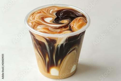 Swirled coffee creamer in plastic cup, studio shot