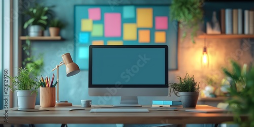 The desk is well-organized with a lamp  a cup  and a book
