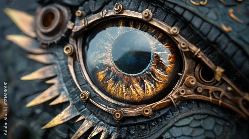 Obraz premium Detailed Steampunk Dragon Eye with Intricate Metallic Ornamentation