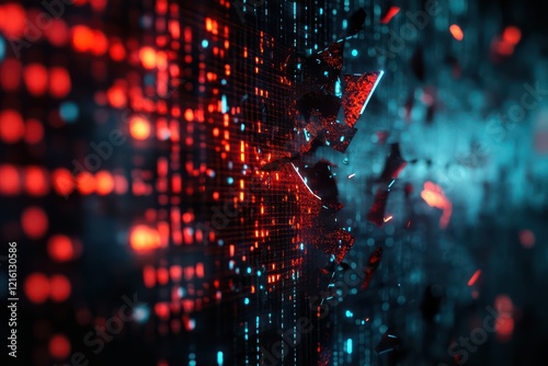 Broken screen display with fractured code, pulsating with vivid glitches and scattered symbols in an abstract digital space