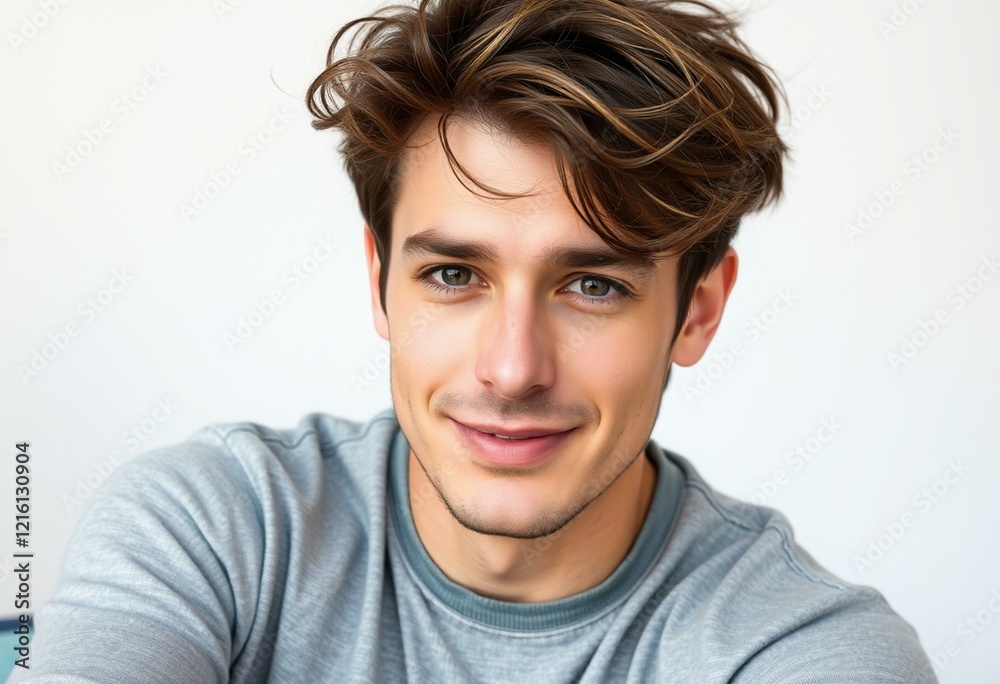 Male portrait with disheveled hair and casual attire Male portrait with disheveled hair and casual attire
