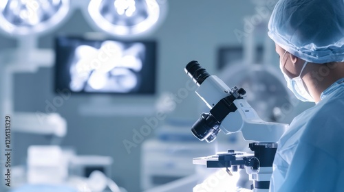Wallpaper Mural A close-up of a healthcare professional using a high-precision surgical microscope with a clean, bright operating room in the background, Precision style Torontodigital.ca