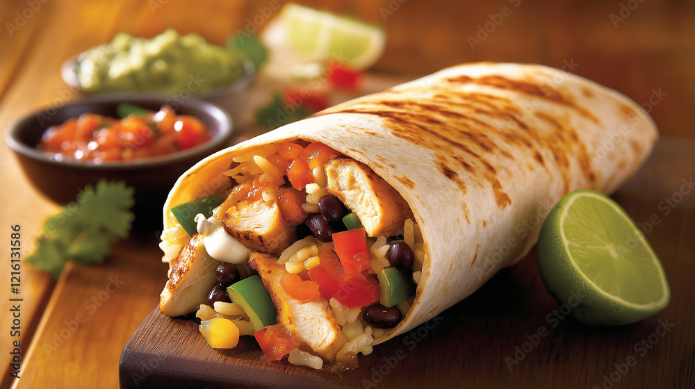 Chicken burrito with tortilla wrap and fresh toppings Chicken burrito with tortilla wrap and fresh toppings
