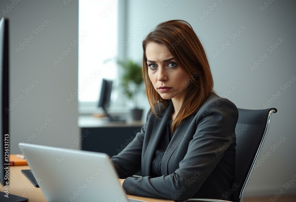 Female office worker in a modern office setting, expressing negative emotions Female office worker in a modern office setting, expressing negative emotions