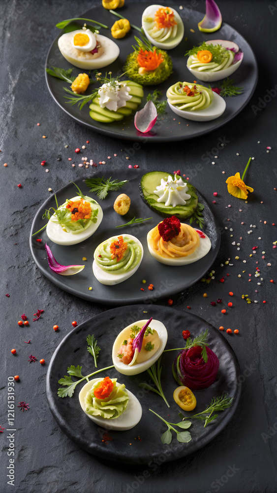 Artistic gourmet deviled eggs with vibrant garnishes Artistic gourmet deviled eggs with vibrant garnishes