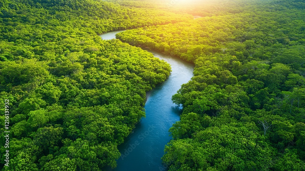 Aerial view of a river winding through a lush green rainforest at sunset, used for environmental conservation awareness campaigns Aerial view of a river winding through a lush green rainforest at sunset, used for environmental conservation awareness campaigns