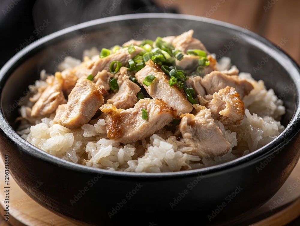 A steaming bowl of chicken and rice. Featuring tender chicken pieces and flavorful rice. Highlighting a comforting and delicious meal. Ideal for recipe books and food blogs. A steaming bowl of chicken and rice. Featuring tender chicken pieces and flavorful rice. Highlighting a comforting and delicious meal. Ideal for recipe books and food blogs.