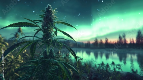Cannabis plant with green aurora in night for medical treatment