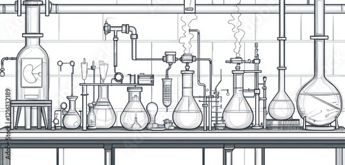 Detailed line art of beakers and structures in a lab.