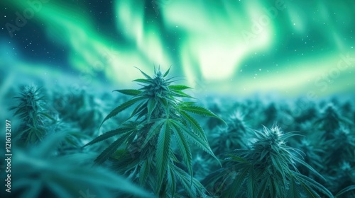 Cannabis field under aurora borealis captivating nighttime view