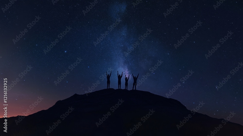 Fototapeta premium Panorama landscape with milky way, Night sky with stars and silhouette of a standing sporty people with raised up arms on high mountain