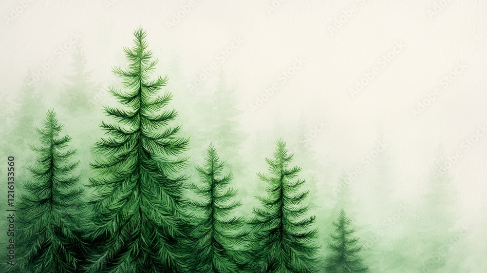 Fototapeta premium Painting of a serene forest landscape with tall trees and a clear sky in the background