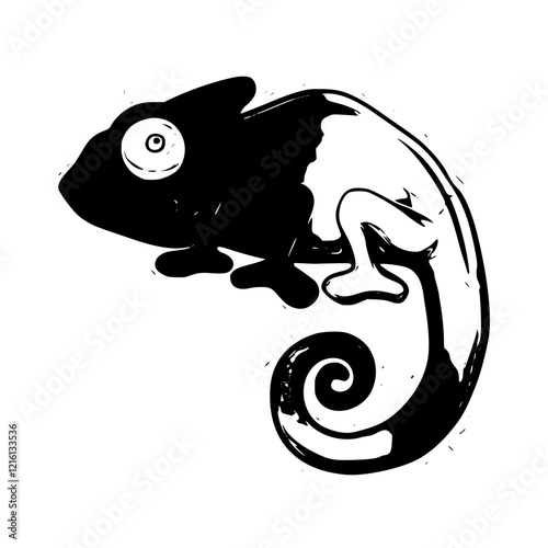 Chameleon Silhouette: A bold and minimalist black and white illustration of a chameleon, showcasing its distinctive curled tail and bulging eye.  