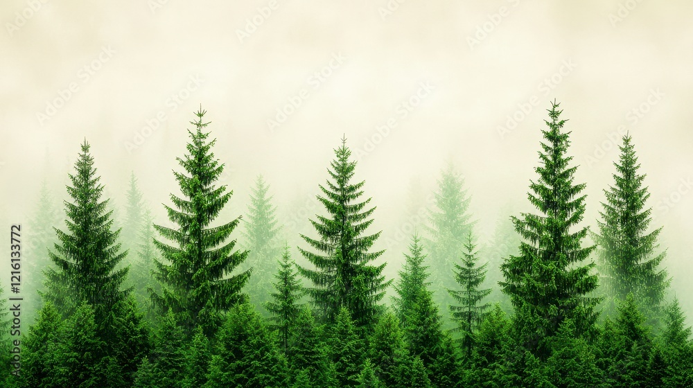 Obraz premium Dense forest of green trees with sunlight filtering through the leaves and a serene atmosphere