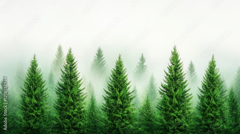 Obraz premium Row of evergreen trees emerging from fog in a serene natural landscape
