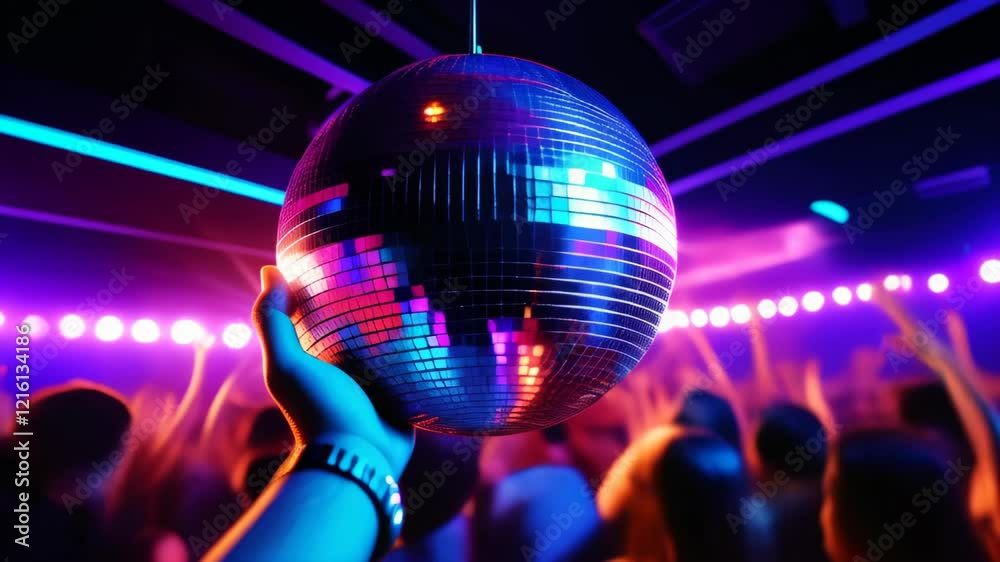 Vibrant nightlife scene with shiny disco ball and energetic party crowd