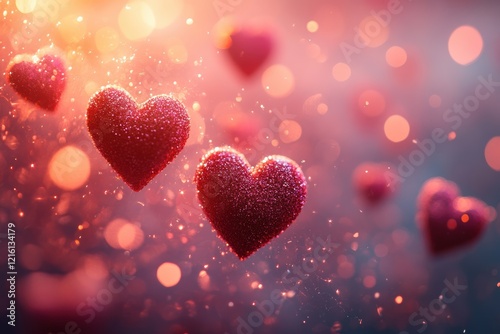 A soft pink and red gradient with floating hearts and glowing bokeh lights, romantic Valentines theme.