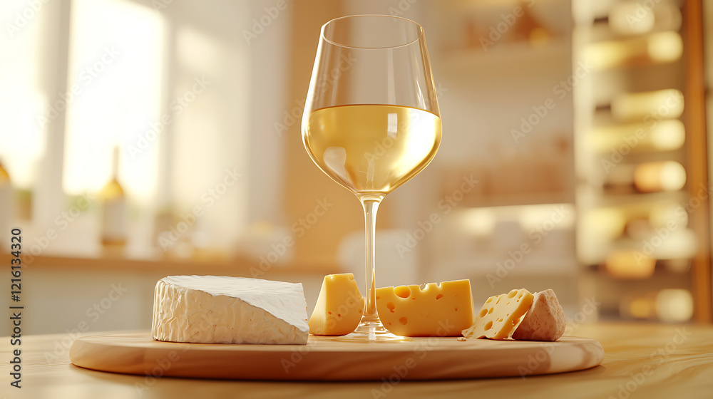 glass of white wine with assorted cheeses on wooden board, creating warm and inviting atmosphere glass of white wine with assorted cheeses on wooden board, creating warm and inviting atmosphere