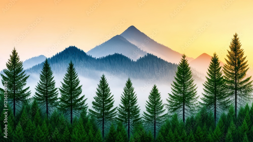 Fototapeta premium Lush green forest landscape with a majestic mountain peak in the background under a clear blue sky