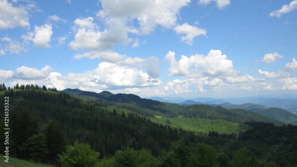 Panoramic View of Rolling Green Hills and Blue Sky with Fluffy Clouds Panoramic View of Rolling Green Hills and Blue Sky with Fluffy Clouds
