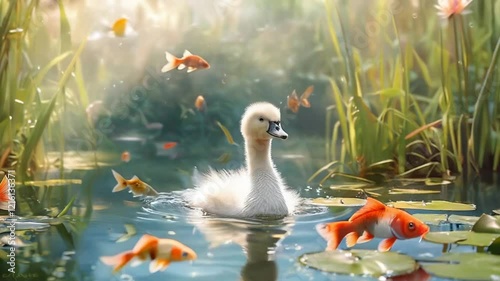 Adorable Baby Swan Swimming with Goldfish in Sunny Pond
