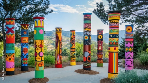 Colorful artistic totem poles in outdoor garden with scenic view