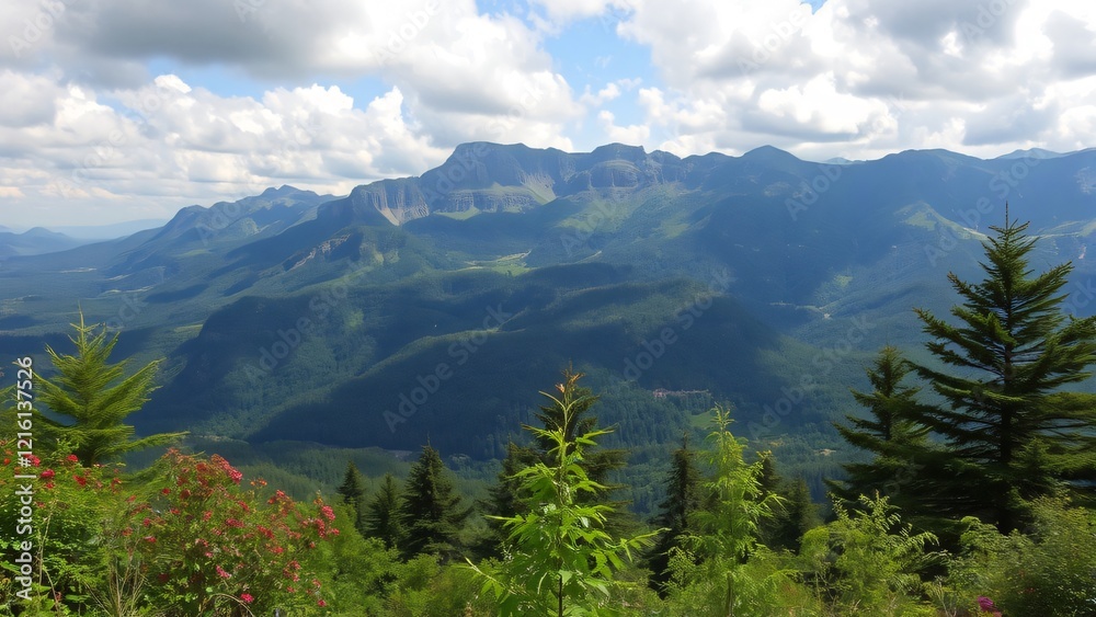 Fototapeta premium Panoramic View of Majestic Mountain Range Under a Cloudy Sky