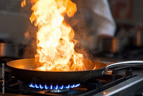 Flamb?ing food in a restaurant kitchen photo