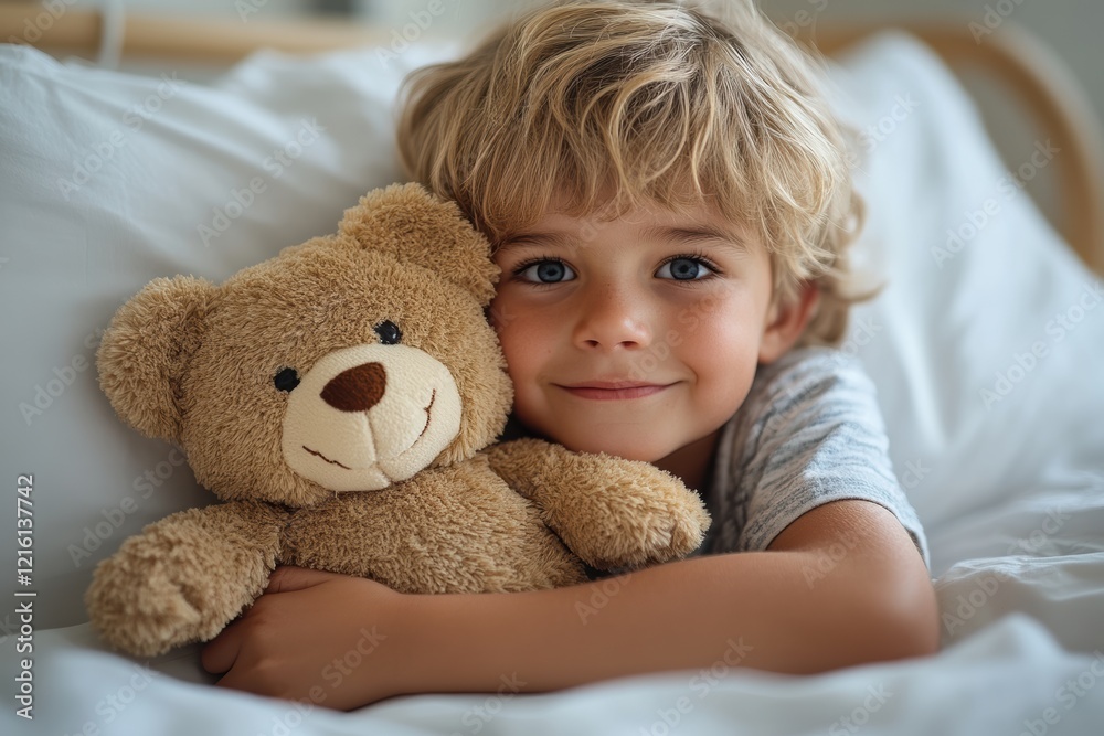 Child in a pediatric ward, holding a stuffed toy tightly for comfort, while lying quietly on a hospital bed with soft lighting in the room Child in a pediatric ward, holding a stuffed toy tightly for comfort, while lying quietly on a hospital bed with soft lighting in the room