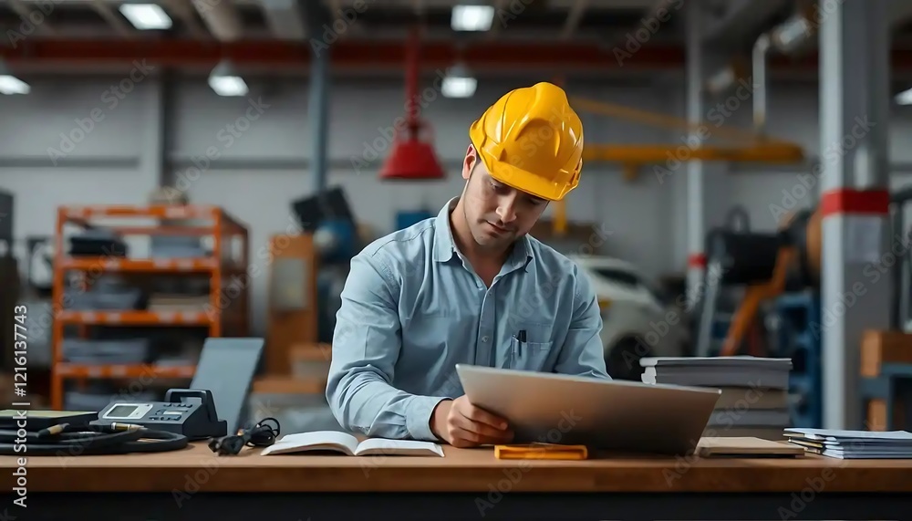 Focused Engineer Reviewing Plans: Industrial Setting, Serious Mood Focused Engineer Reviewing Plans: Industrial Setting, Serious Mood