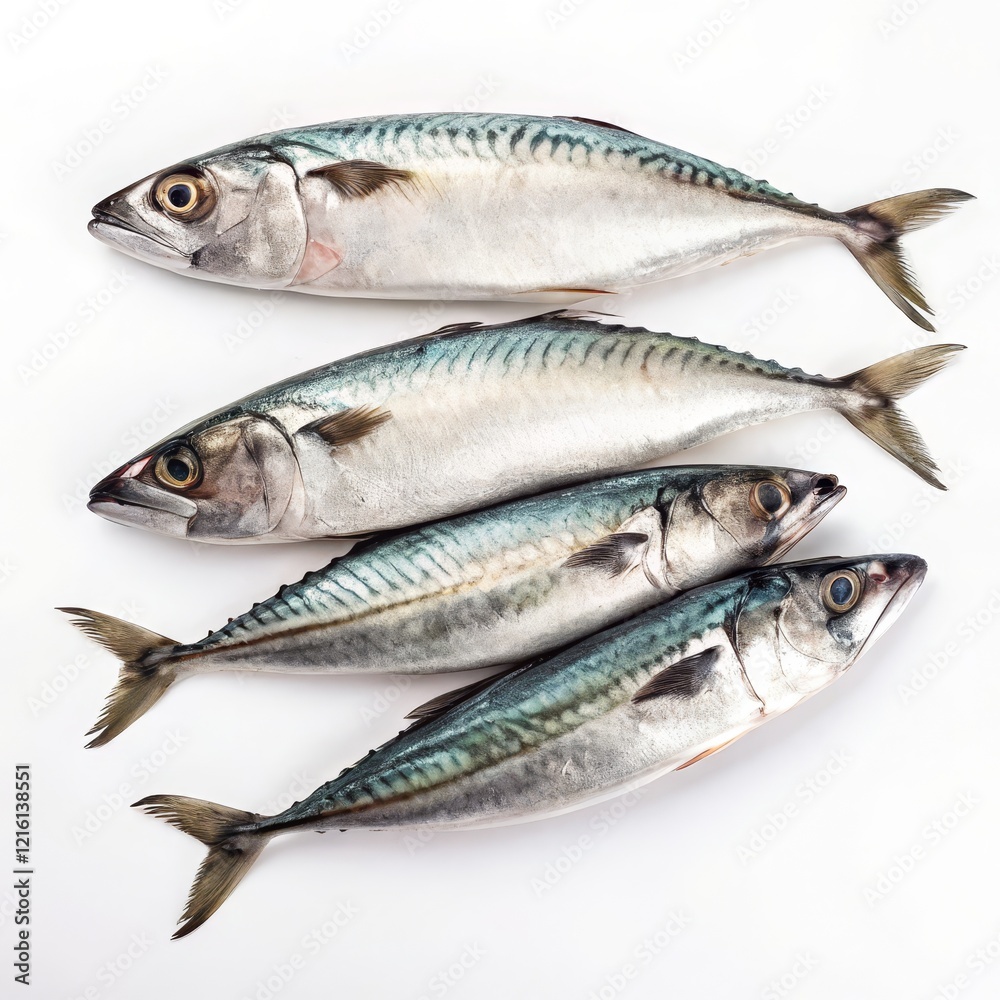 Four Mackerel Fish Composition Overhead View, Seafood, White Background Seafood, Mackerel Four Mackerel Fish Composition Overhead View, Seafood, White Background Seafood, Mackerel