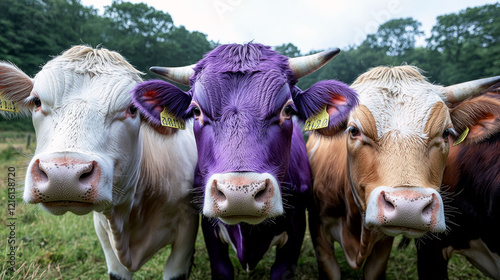 Three Cows in a Field: A Close-Up Look at a Purple Cow and Two Others