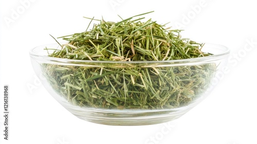 Timothy Hay in Clear Glass Bowl Isolated on White Background