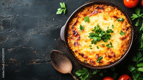 Delicious homemade moussaka with fresh parsley on a dark background