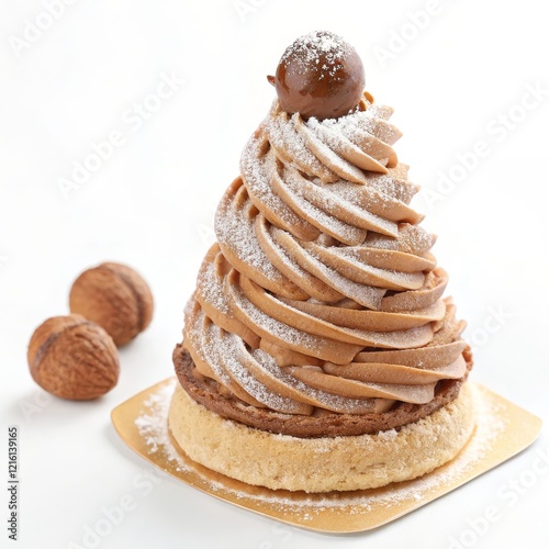 Mont Blanc Cake Swirled Chestnut Cream, Powdered Sugar, Close-up, Dessert Photography, Food Styling Mont Blanc, Chestnut Cake photo