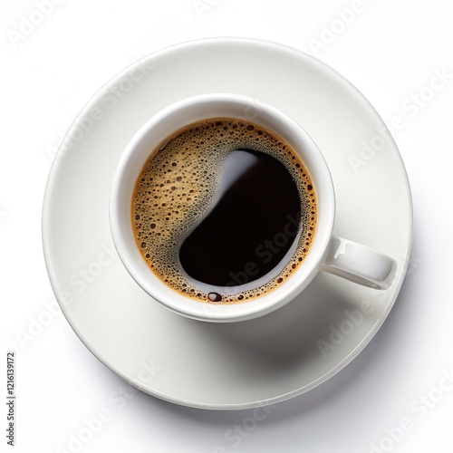 Overhead View of Coffee Cup and Saucer Composition, White Ceramic, Dark Brew, Coffee Crema, Top View Coffee, Beverage
