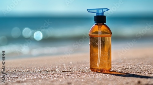 Clear Liquid Bottle with Pump Cap on Sandy Beach Near Ocean Waves photo