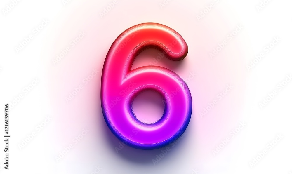 Glowing pink-red 6, number, 3D render, white background, graphic design Glowing pink-red 6, number, 3D render, white background, graphic design