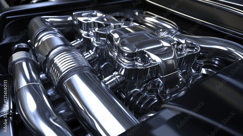 Fototapeta premium High-performance racing engine with visible turbo systems and exhaust pipes.