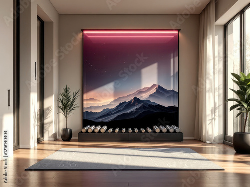 Modern home gym with scenic mountain mural and yoga mat under warm lighting photo