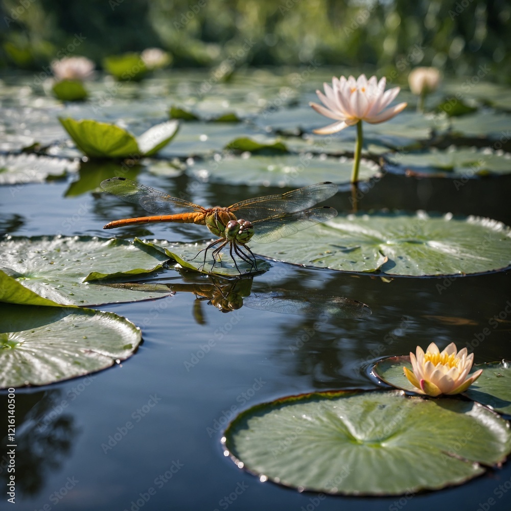 A dragonfly gliding above a blooming water lily in a peaceful pond, surrounded by willows. A dragonfly gliding above a blooming water lily in a peaceful pond, surrounded by willows.